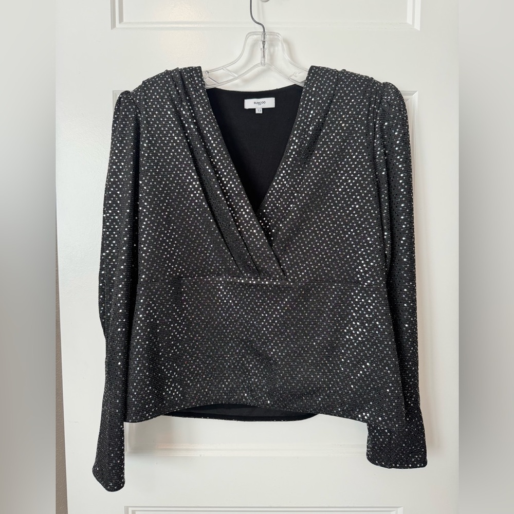 Suncoo Paris Black Metallic Wrap Top Long Sleeve